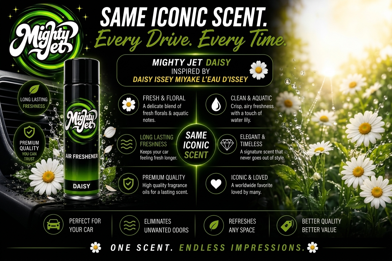 Mighty Jet Daisy car air freshener campaign artwork