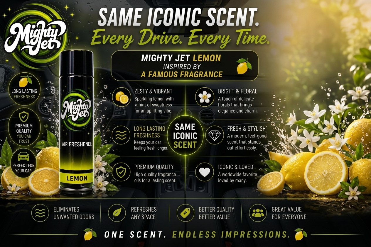 Mighty Jet Lemon car air freshener campaign artwork