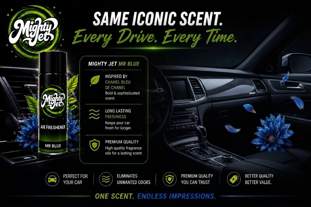 Mighty Jet Mr Blue car air freshener campaign artwork